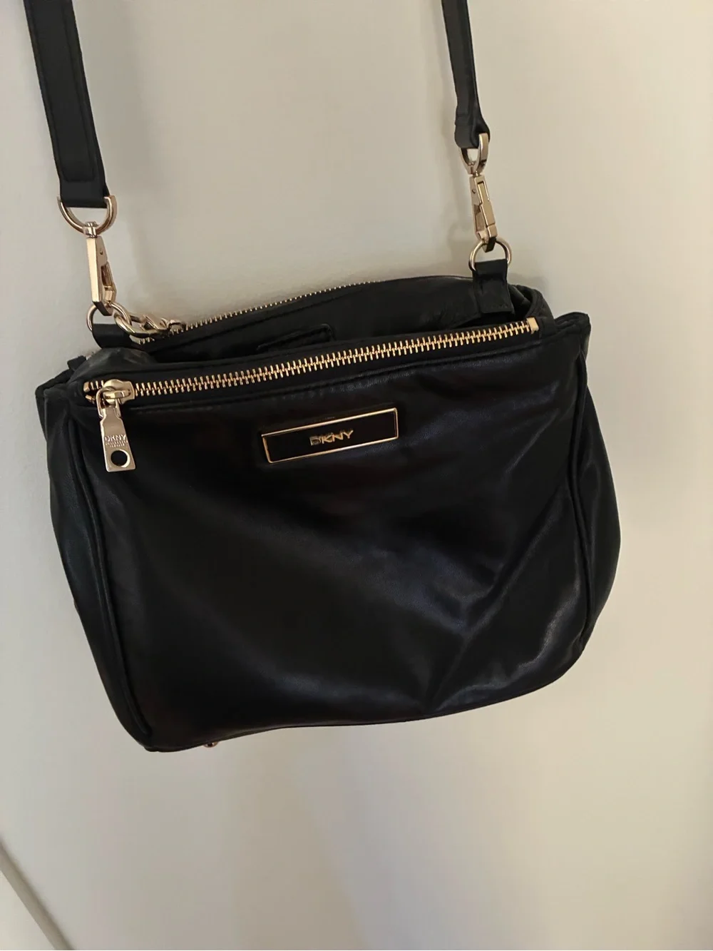 DKNY Black Leather Crossbody with Gold-Tone Trim